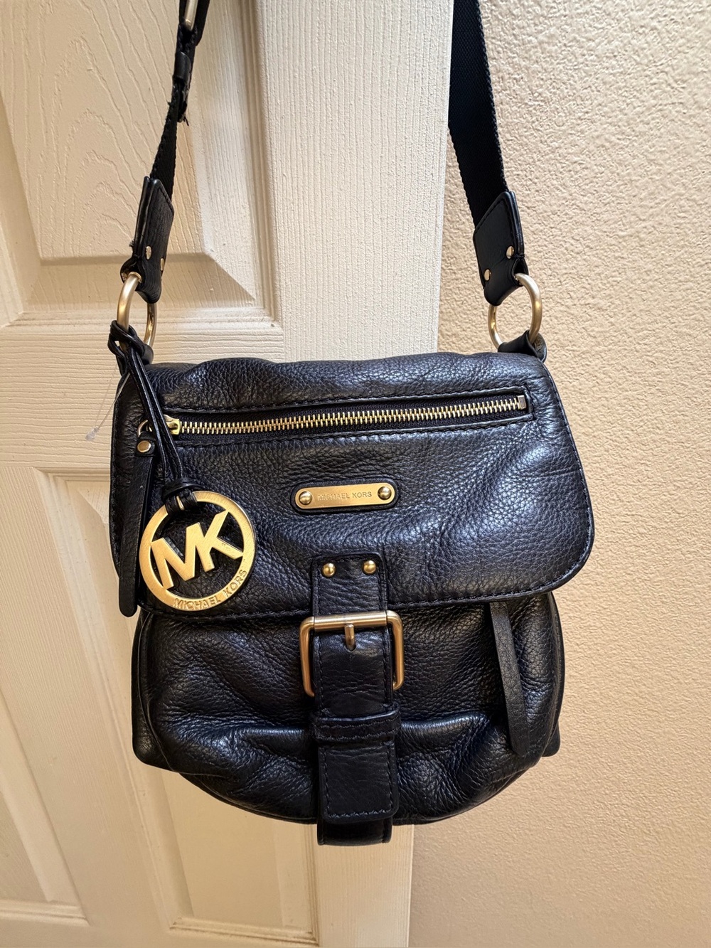 Michael Kors Black Pebbled Leather Crossbody with Gold Hardware